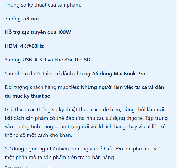 Prompt viết mô tả sản phẩm có thông số kỹ thuật