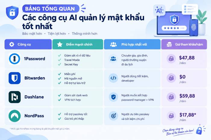 Bảng tổng quan các trình quản lý mật khẩu AI nổi bật