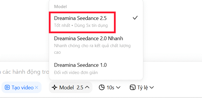 Chọn model Seedance 2.5 tạo video trên Dola AI
