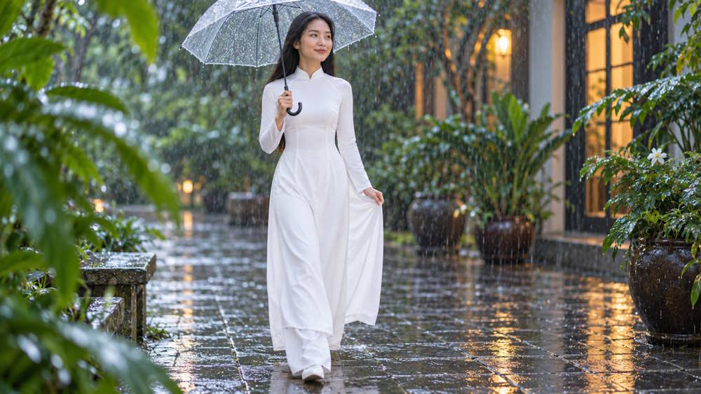 Cầm ô bước qua sân mưa
