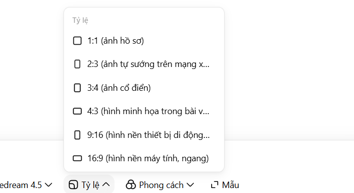 Kích thước tạo ảnh trên Dola AI
