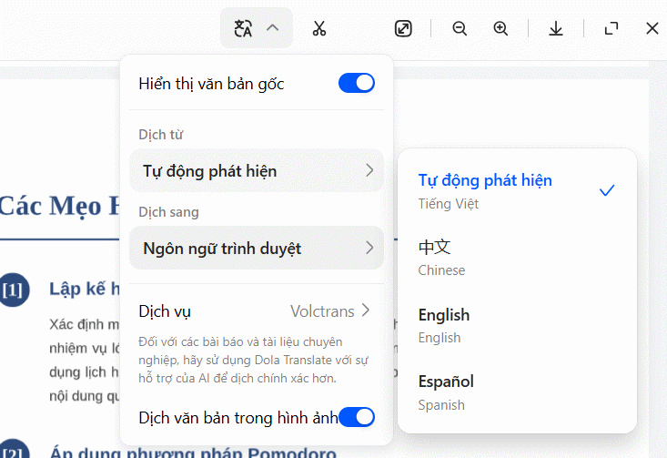 Dịch file PDF trên Dola AI