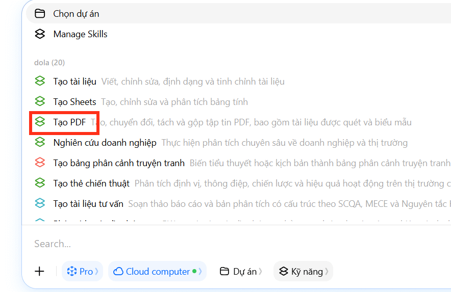 Tạo file PDF trên Dola AI