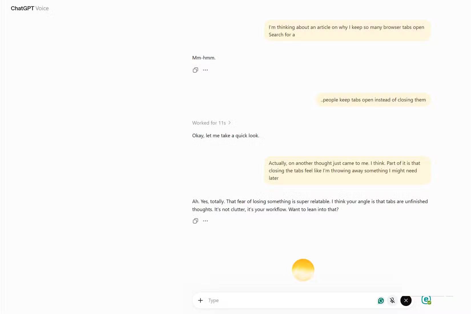 Cuộc trò chuyện qua Voice Mode của ChatGPT cho thấy người dùng bổ sung thêm ý tưởng trong khi ChatGPT vẫn đang tra cứu thông tin về các tab trình duyệt