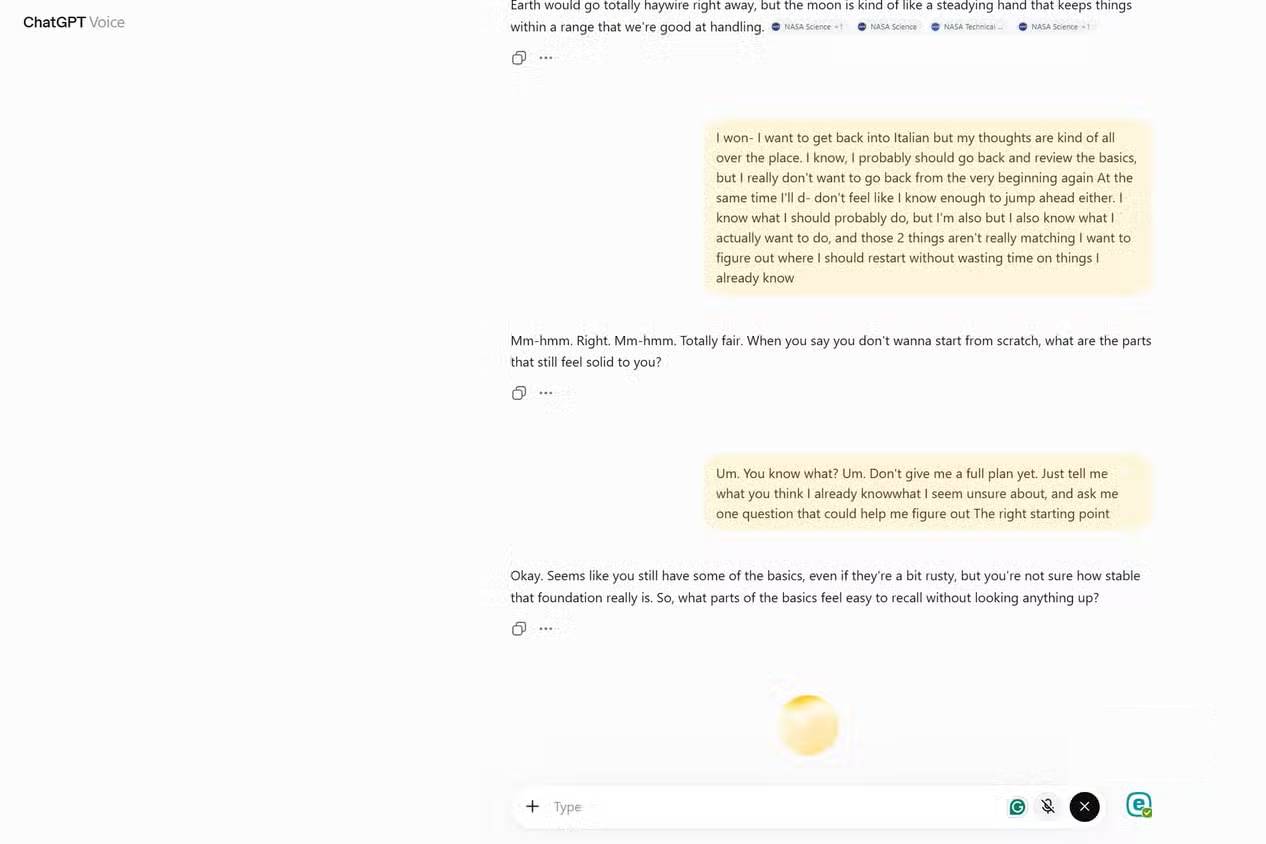 ChatGPT Voice Mode đang giải đáp một câu hỏi thiên văn học về việc sự thay đổi độ nghiêng của Trái Đất có thể ảnh hưởng thế nào đến các mùa, khí hậu, nông nghiệp, thực vật, động vật và con người.