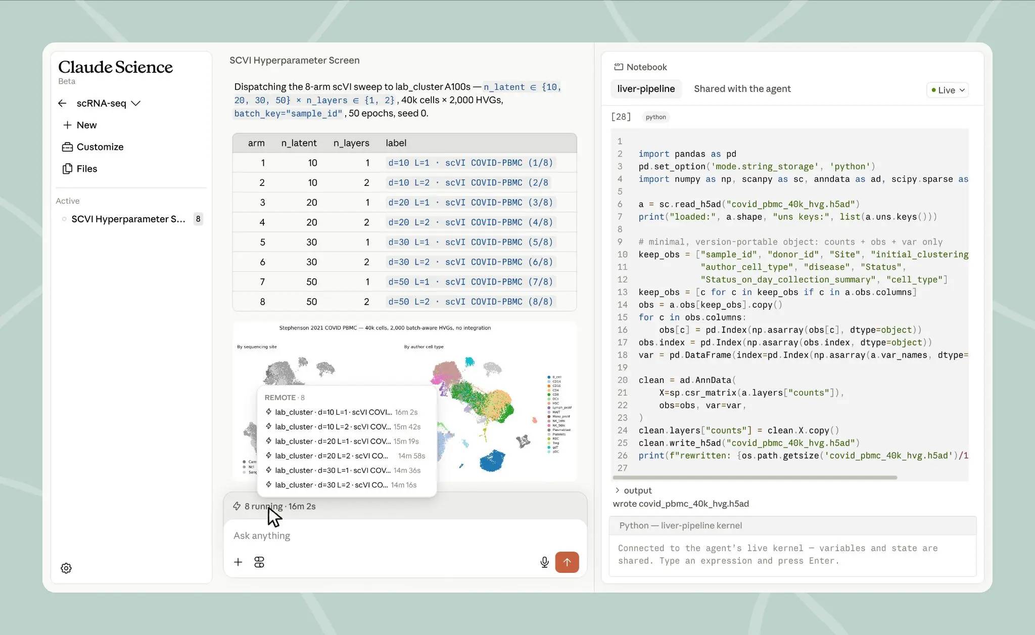 Claude Science sets up environments and manages compute resources on your laptop, server clusters, or GPUs as needed