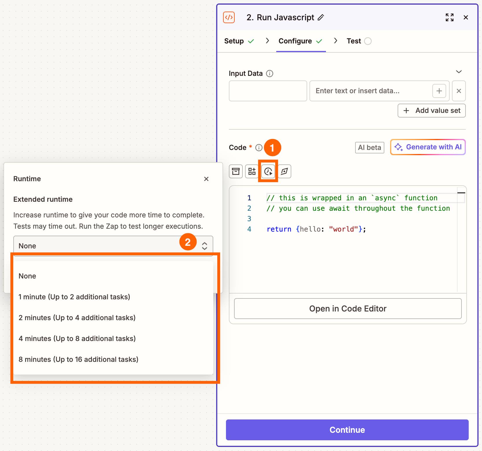 Trang cấu hình cho bước "Code by Zapier" với các tùy chọn kéo dài thời gian chạy