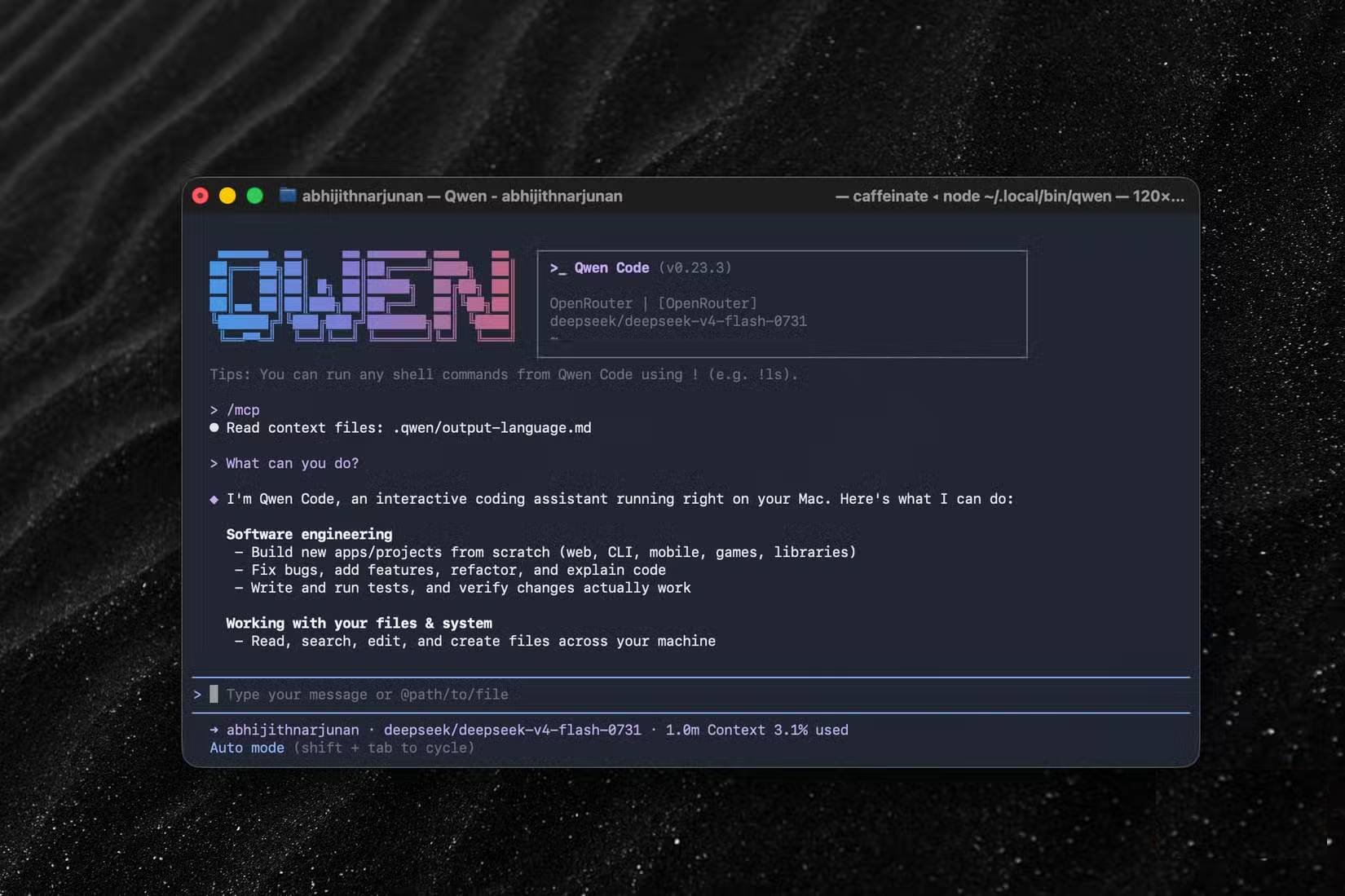 Giao diện khởi động của Qwen Code