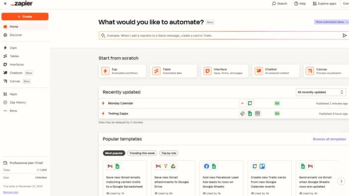 Giao diện của Zapier
