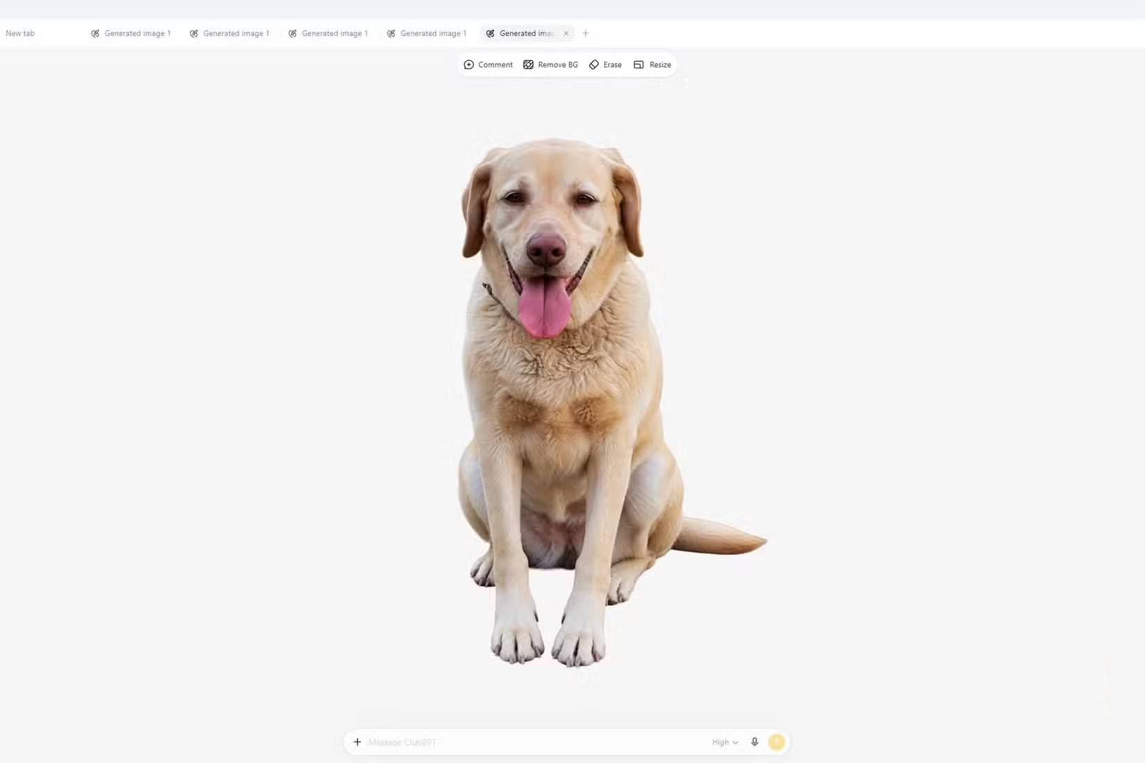 Hình ảnh chó Labrador đã được tách khỏi nền trong ChatGPT, hiển thị dưới dạng ảnh trong suốt sau khi xóa nền