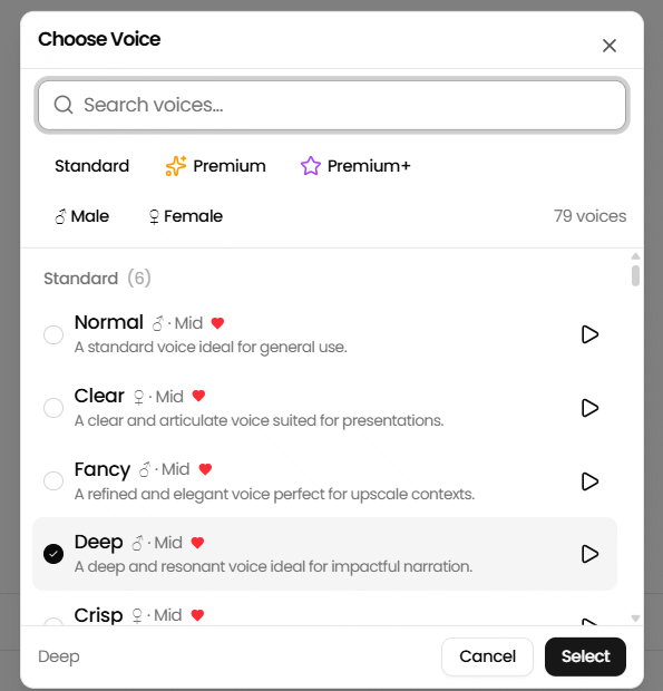 AI Voice Generator chọn tông giọng 