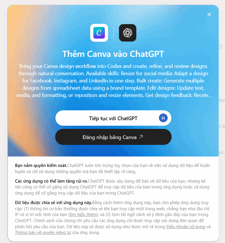 Tùy chọn kết nối Canva trên ChatGPT