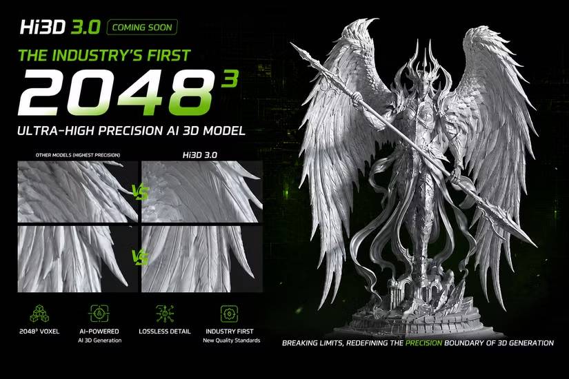 Hình ảnh mô hình nhân vật có cánh và cầm giáo do Hi3D tạo ra.