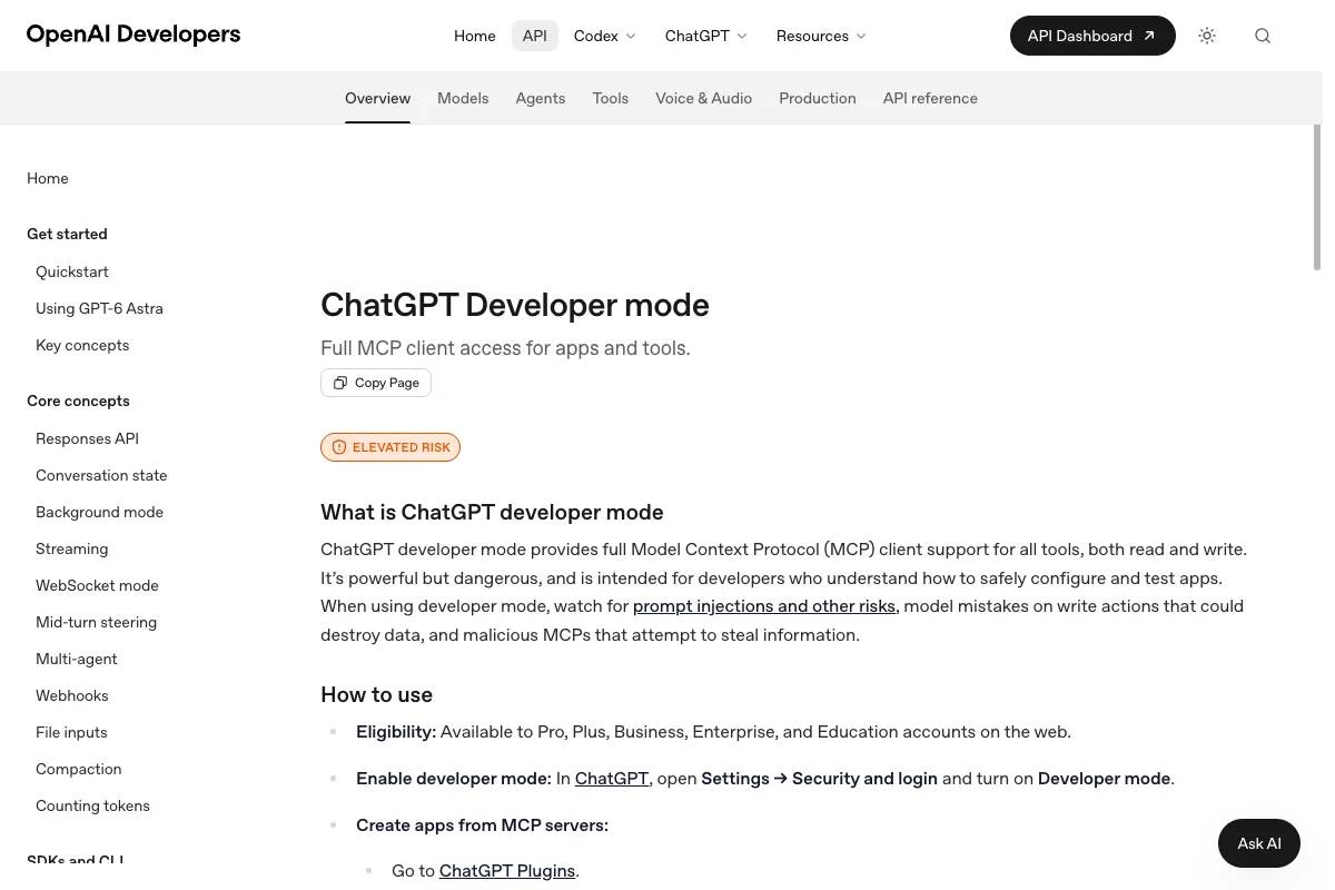 Tài liệu của OpenAI về chế độ Developer trong ChatGPT với quyền đọc và ghi qua MCP