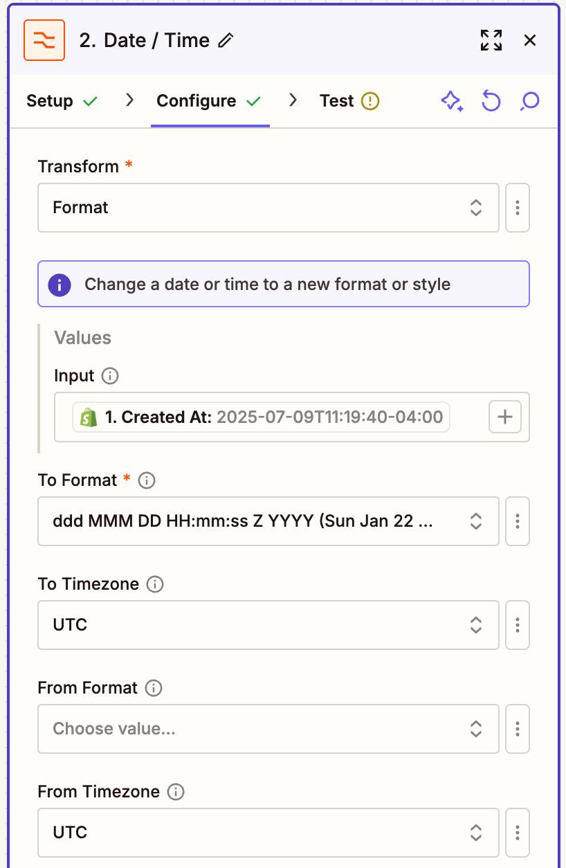 Trình chỉnh sửa Zap, với trường Transform được đặt là Format và một giao dịch Shopify được chọn trong trường Input