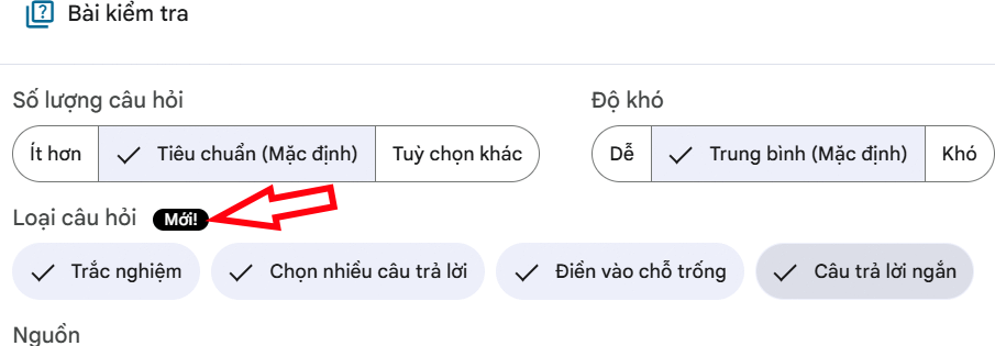 Lựa chọn loại câu hỏi muốn dùng NotebookLM