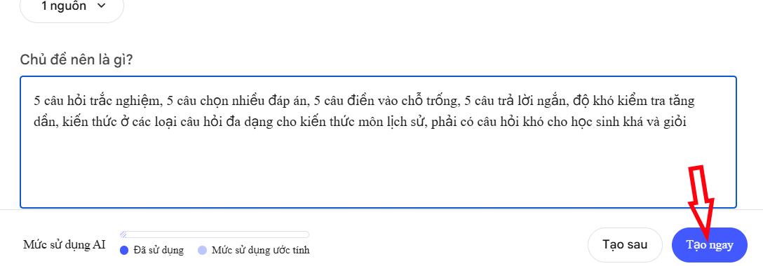 Câu lệnh tạo bài kiểm tra trên NotebookLM