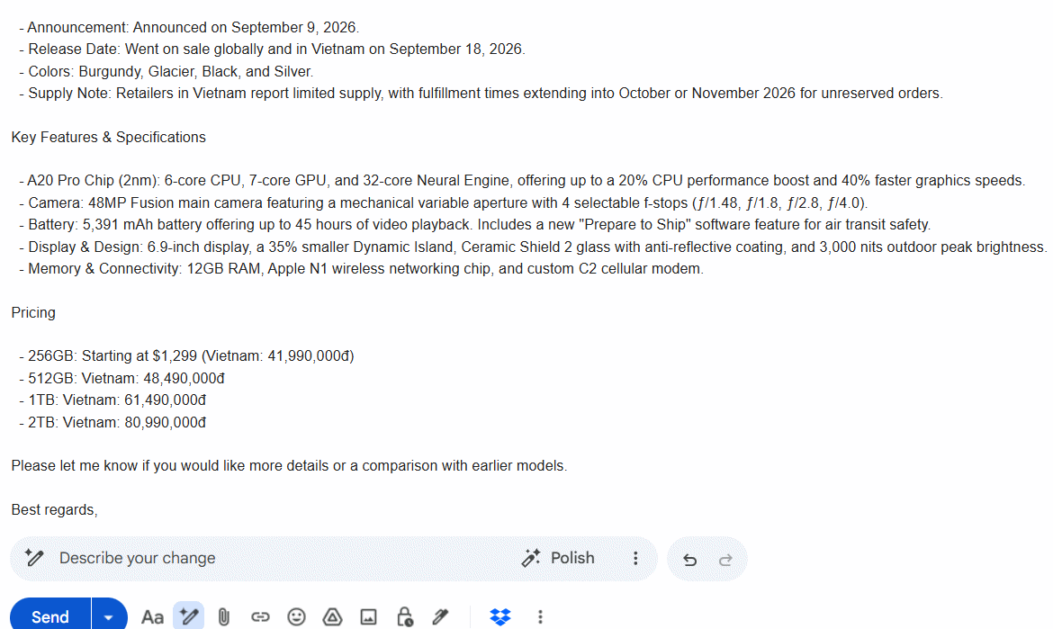 Đổi phong cách viết email bằng AI Gmail