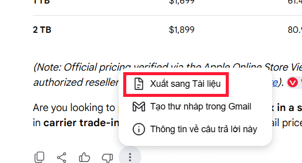Xuất phản hồi sang Docs trong AI Mode Google Search