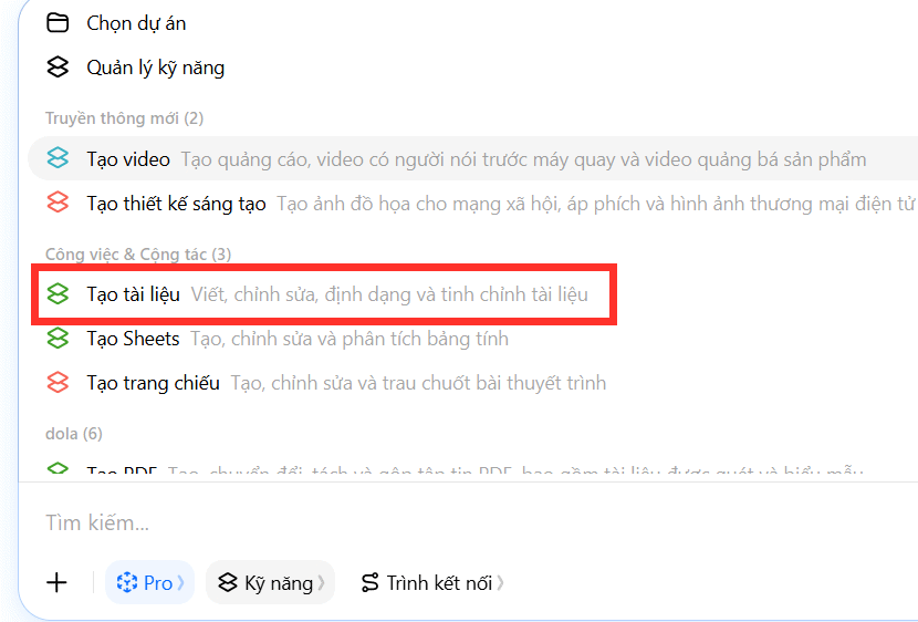 Tạo tài liệu trên Dola AI