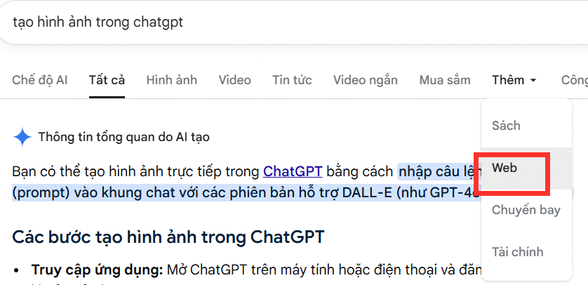 Chế độ tìm kiếm Web trên Google Search