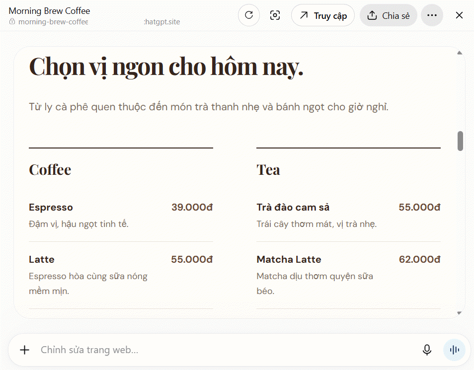 Chỉnh sửa website tạo trên ChatGPT