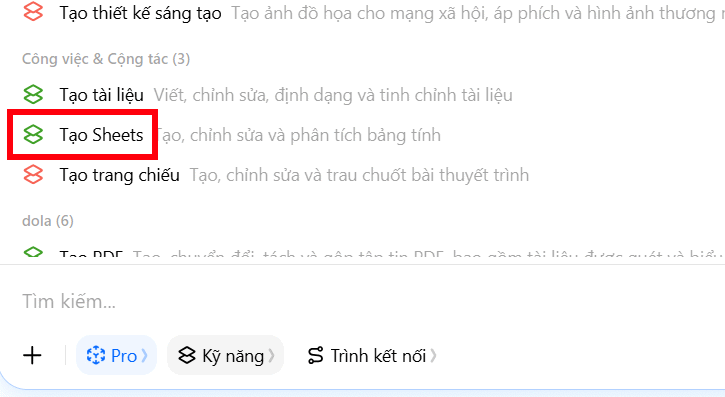 Tạo sheets trên Dola AI