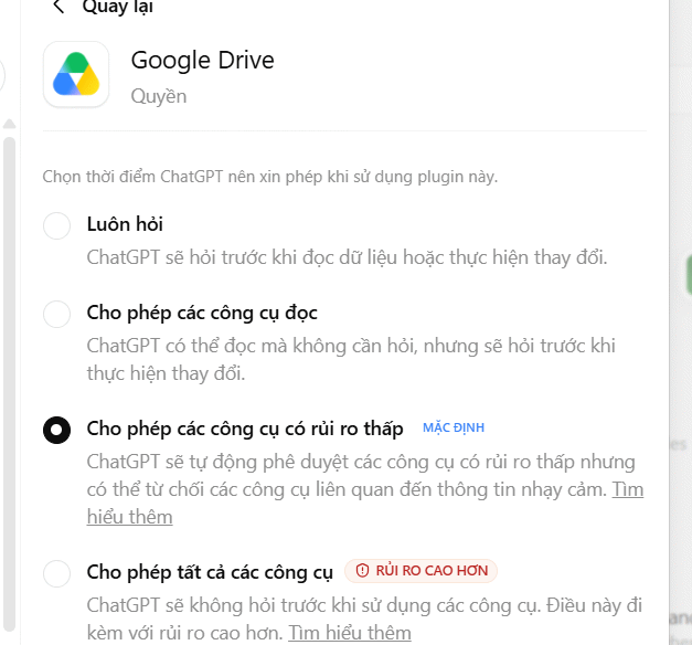 Chỉnh quyền hạn kết nối ứng dụng Google trên ChatGPT