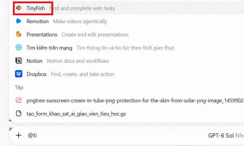 Sử dụng TinyFish trên ChatGPT