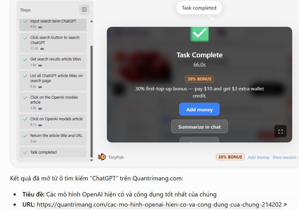 Kết quả hành động trên website bằng TinyFish trên ChatGPT