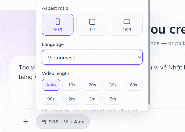 Thiết lập tạo video trên Zebracat AI