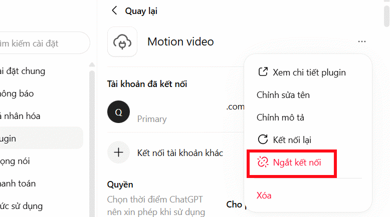 Ngắt kết nối Motion video trên ChatGPT