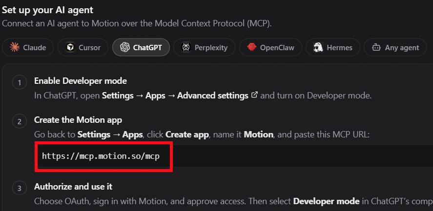 URL MCP trên website Motion