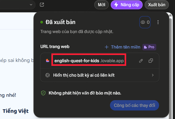 Xuất bản website tạo trên Lovable