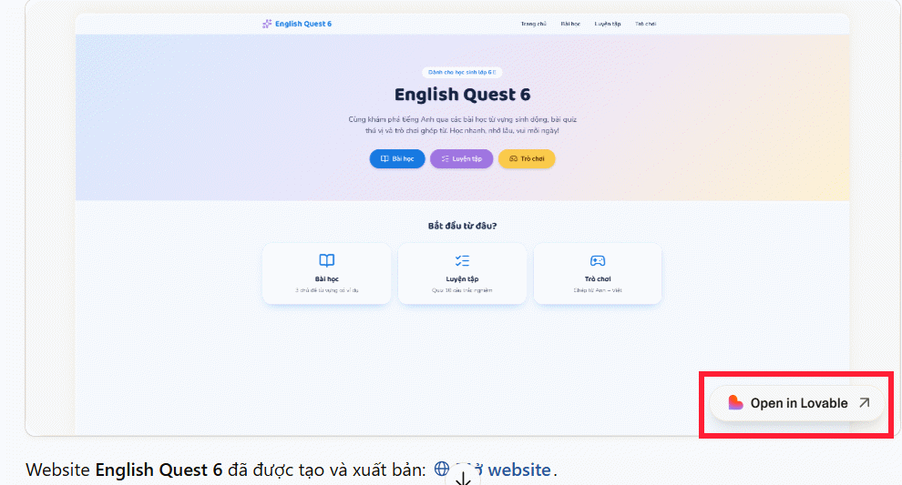 Truy cập website tạo trên Lovable