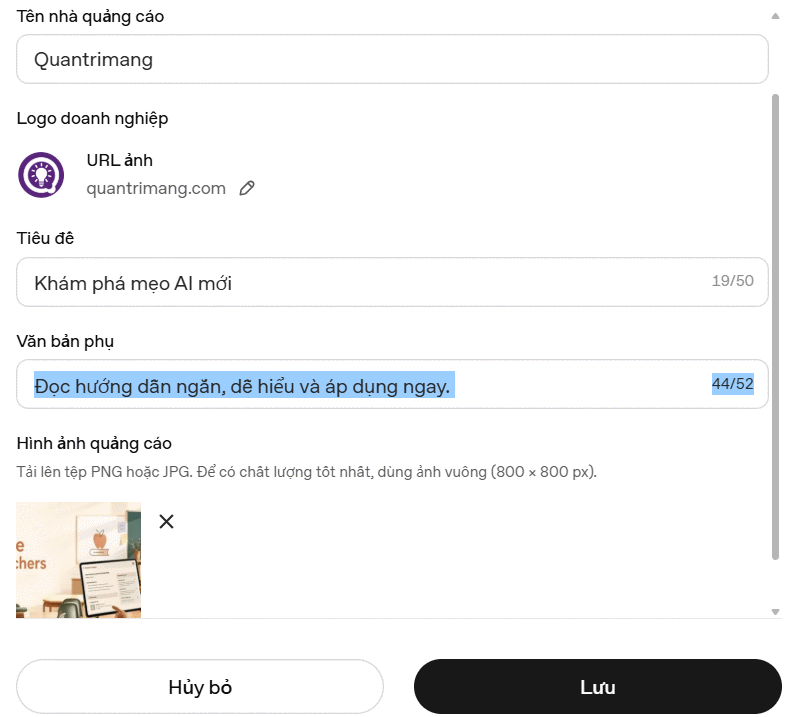 Đổi thông tin trang web cần quảng cáo trên ChatGPT