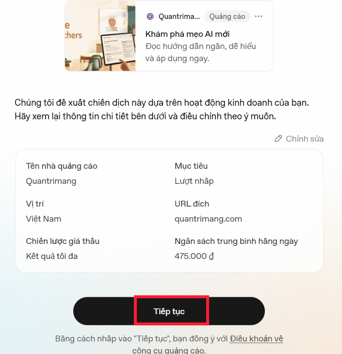 Thông tin quảng cáo trang web trên ChatGPT