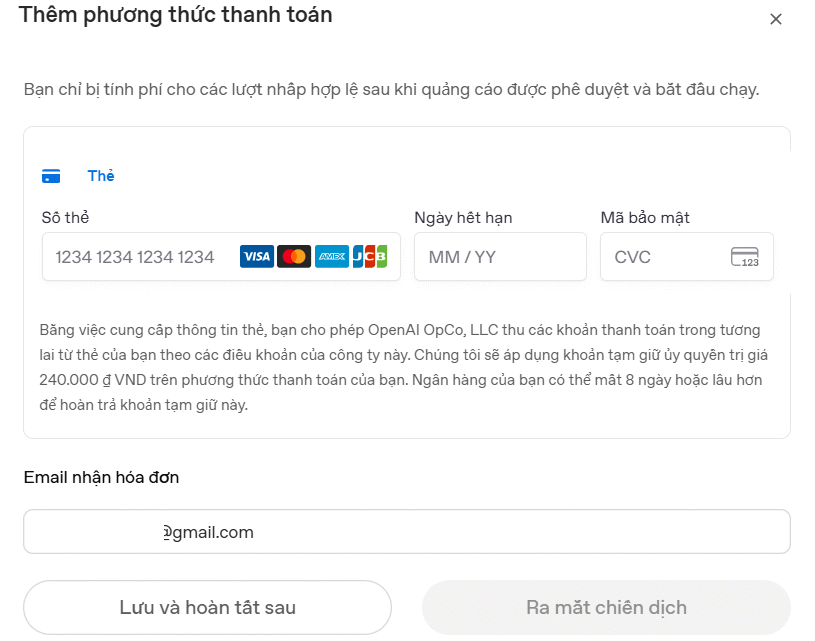 Thẻ thanh toán quảng cáo trên ChatGPT