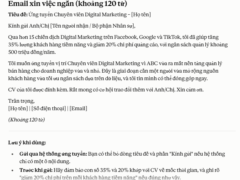 Email xin việc ngắn gọn