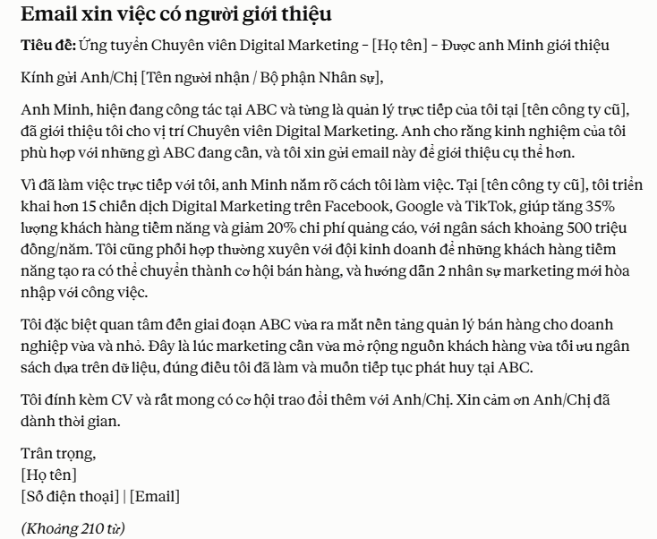 Email xin việc khi được giới thiệu