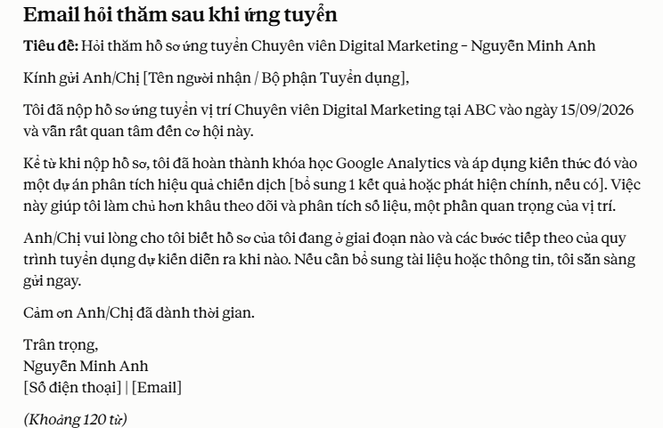 Email hỏi thăm sau khi ứng tuyển