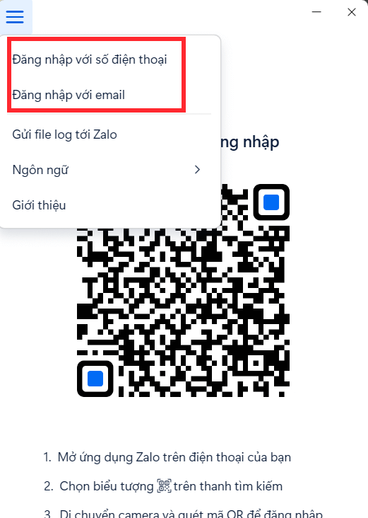 Tùy chọn đăng nhập Zalo PC 