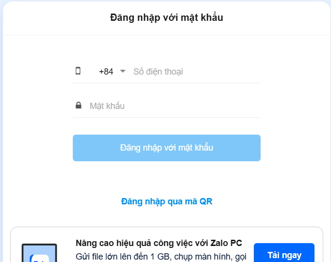 Đăng nhập Zalo web qua mật khẩu