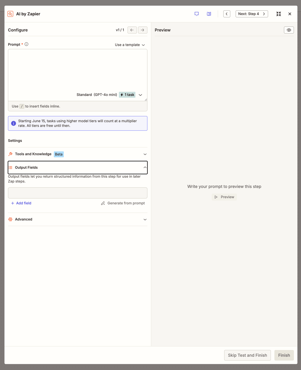 Bảng cấu hình AI by Zapier hiển thị trường Prompt, trình chọn mô hình, phần Settings, cùng bảng Preview.