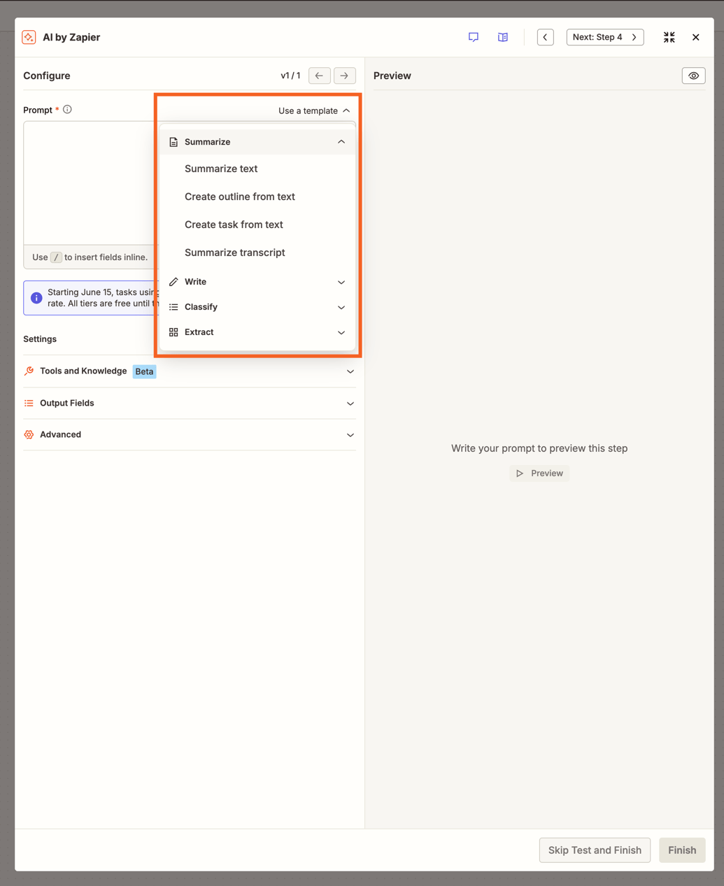 Bảng cấu hình AI by Zapier hiển thị trường Prompt cùng menu drop-down "Use a template" đang mở, liệt kê các danh mục: Summarize, Write, Classify và Extract.