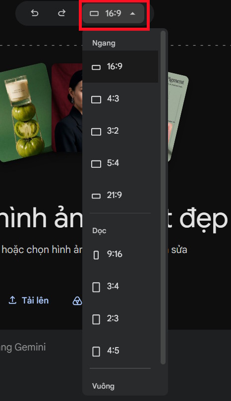 Chọn kích thước cho ảnh tạo trên Google Pics