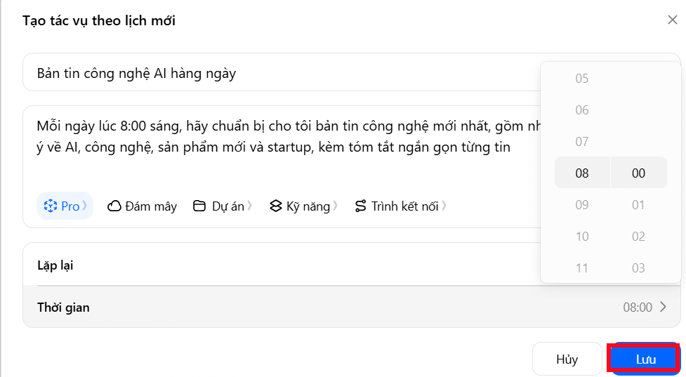 Nội dung tác vụ tạo trên Dola AI