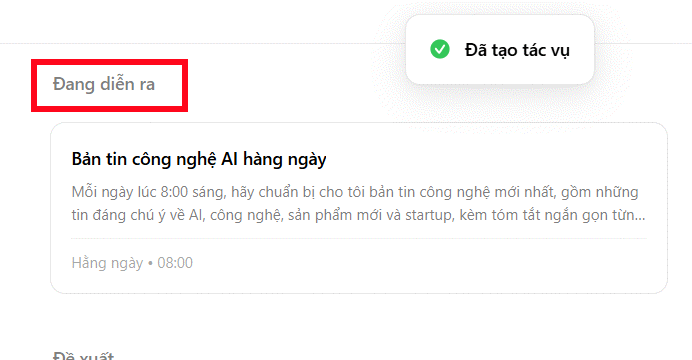 Tác vụ lên lịch đang diễn ra trên Dola AI