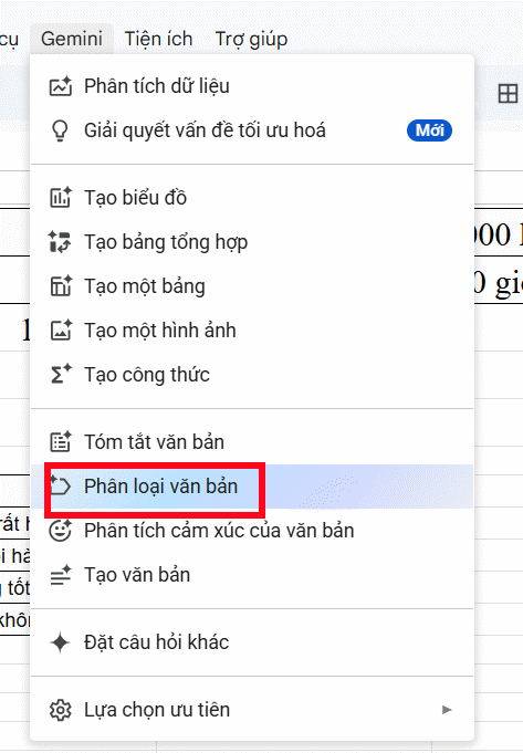 Phân loại văn bản bằng Gemini trong Google Sheets