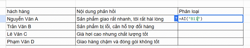 Chọn ô cần phân loại văn bản bằng Gemini trong Google Sheets
